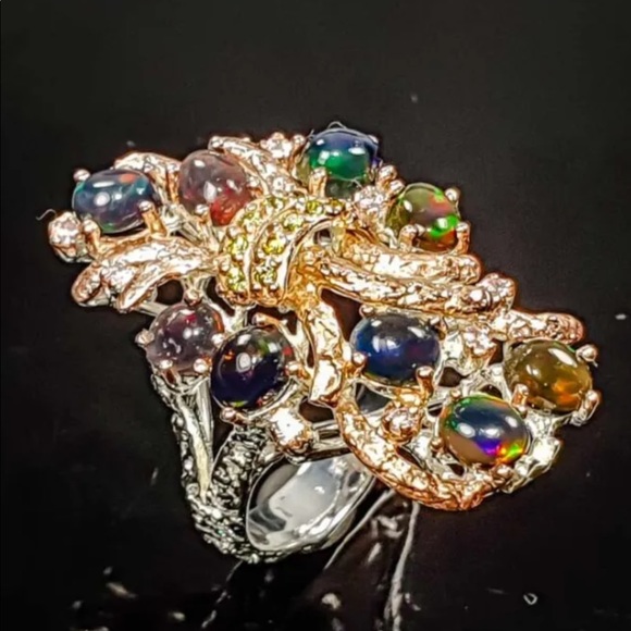 Enchanting Genuine Black Opal & Peridot Ring - Picture 4 of 10